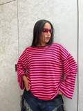 Maglia manica lunga garzata a righe fucsia e bordeaux oversize