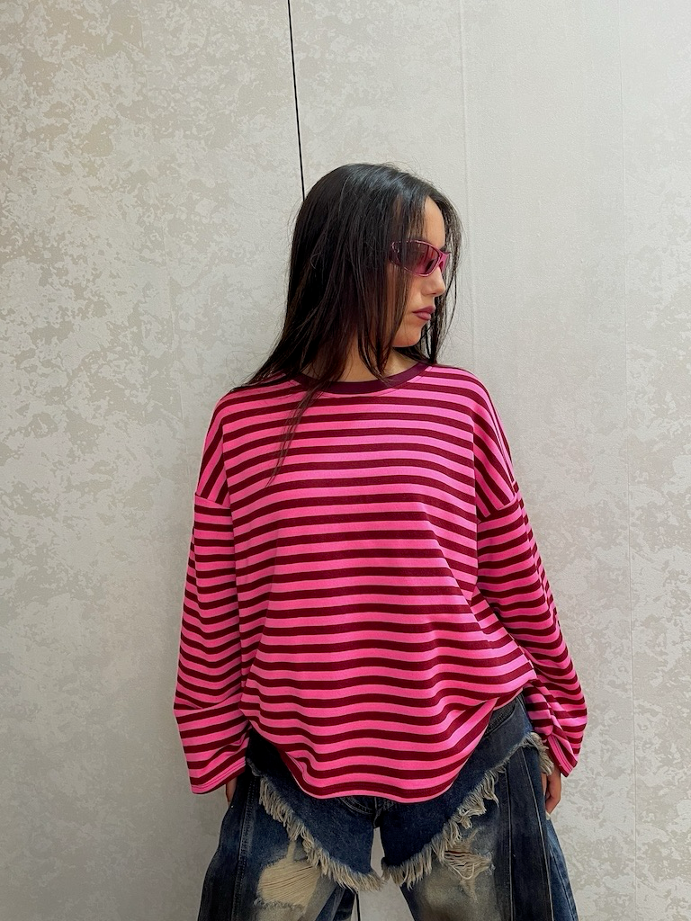 Maglia manica lunga garzata a righe fucsia e bordeaux oversize