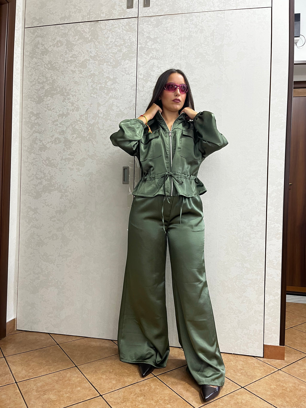 coordinato tuta satin verde