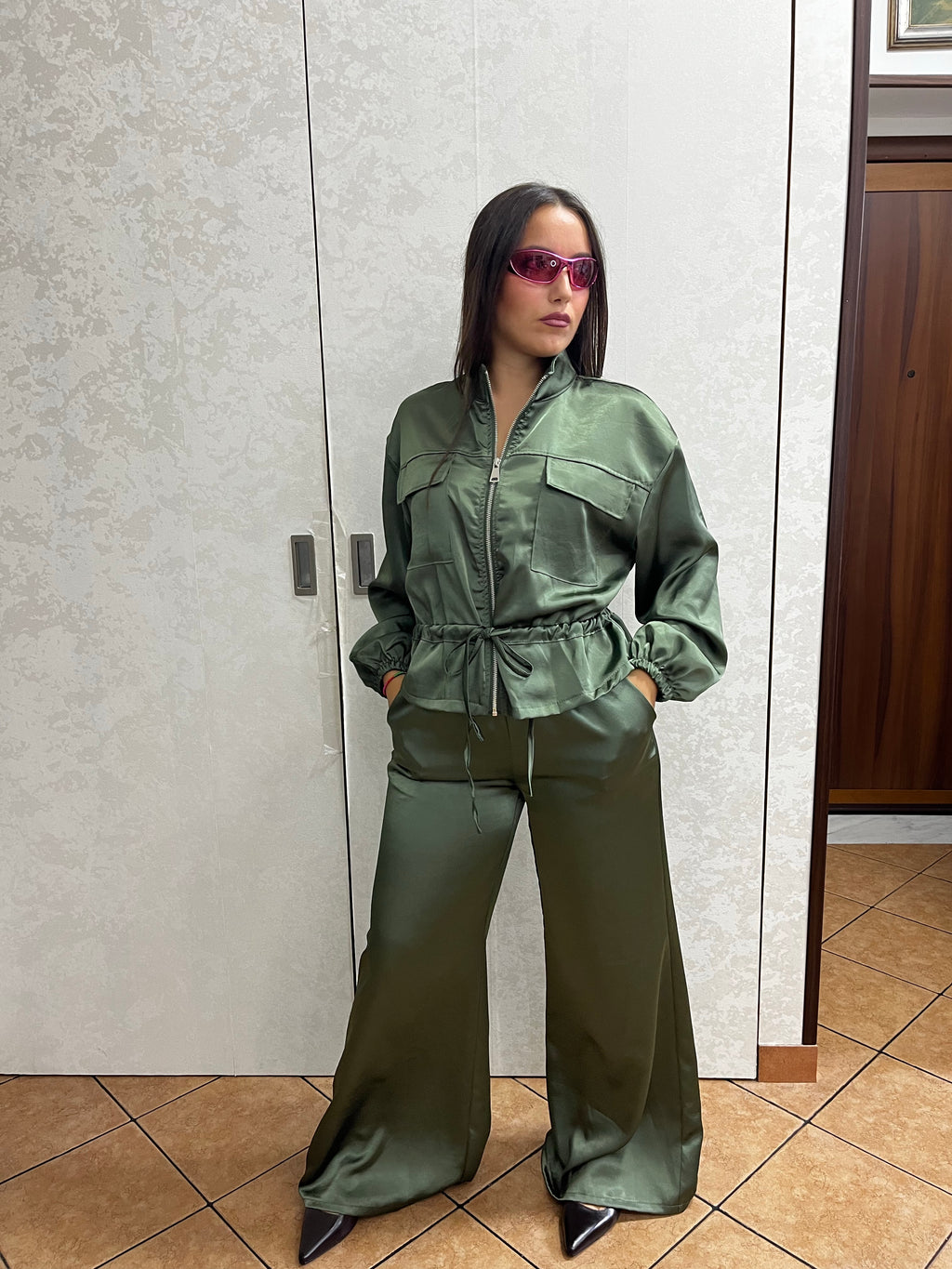 coordinato tuta satin verde