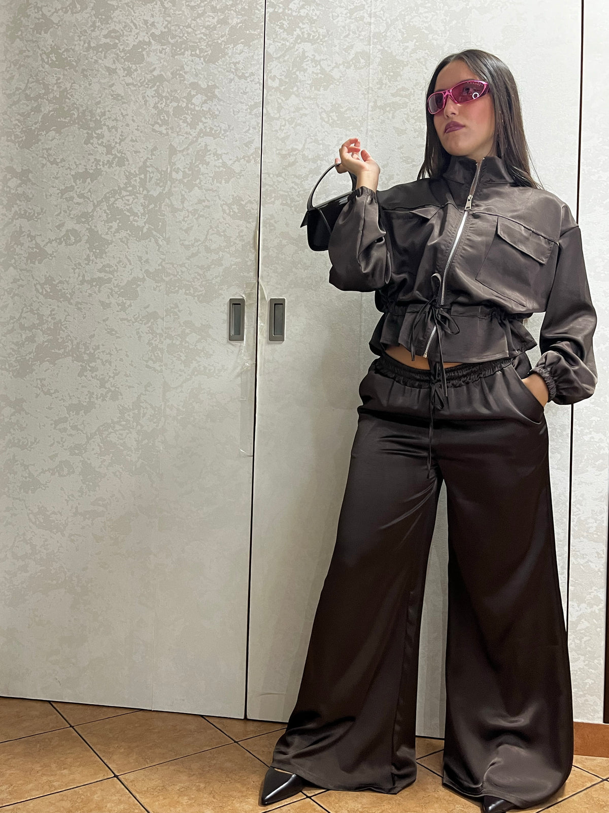 Coordinato tuta satin marrone