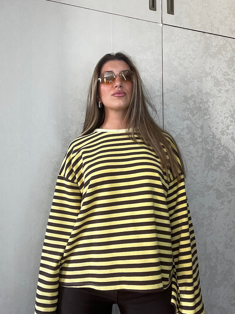 Maglia manica lunga garzata a righe marroni e gialle oversize