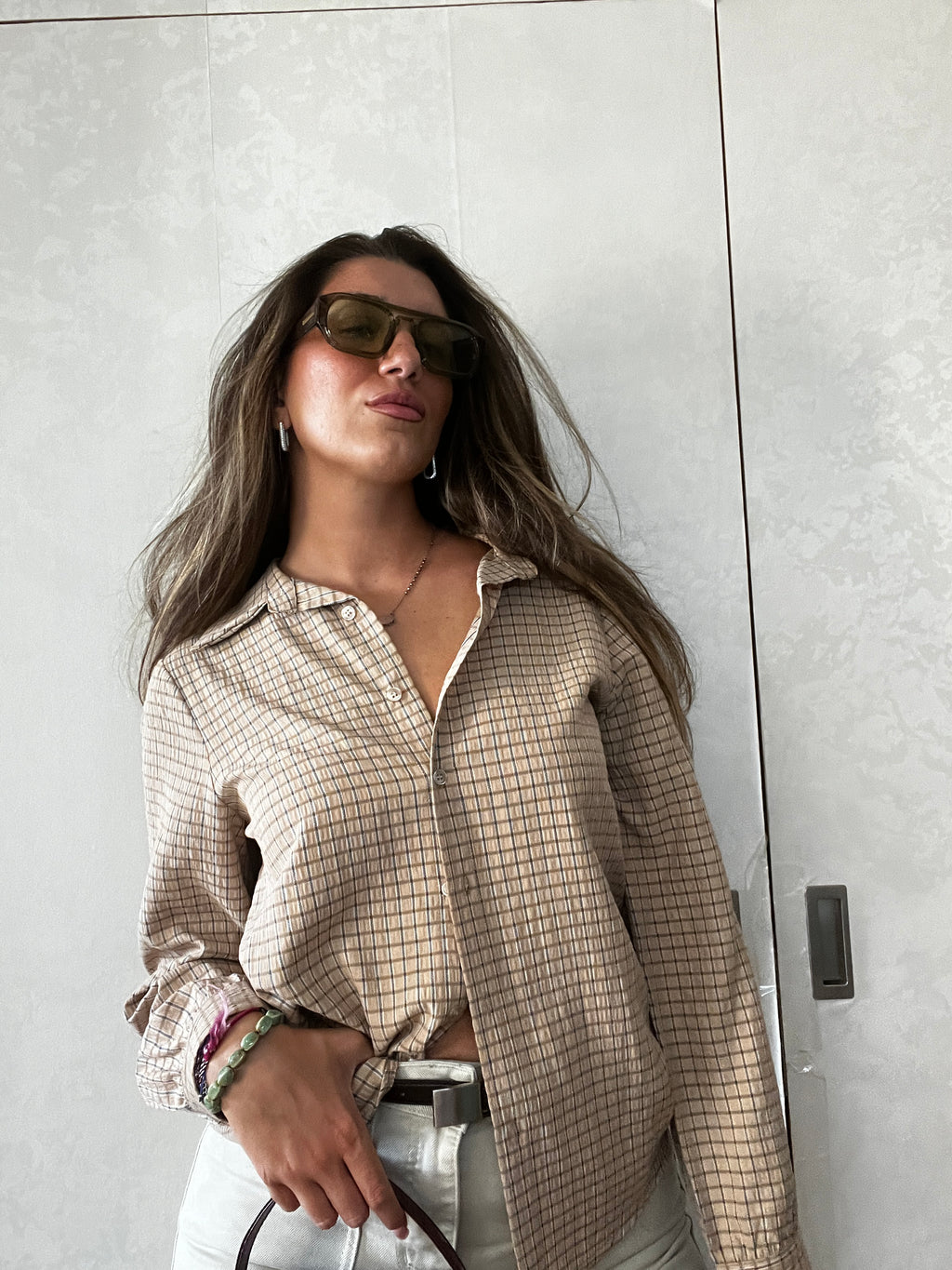 camicia a quadretti beige