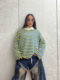 Maglia manica lunga garzata a righe gialle e blu oversize