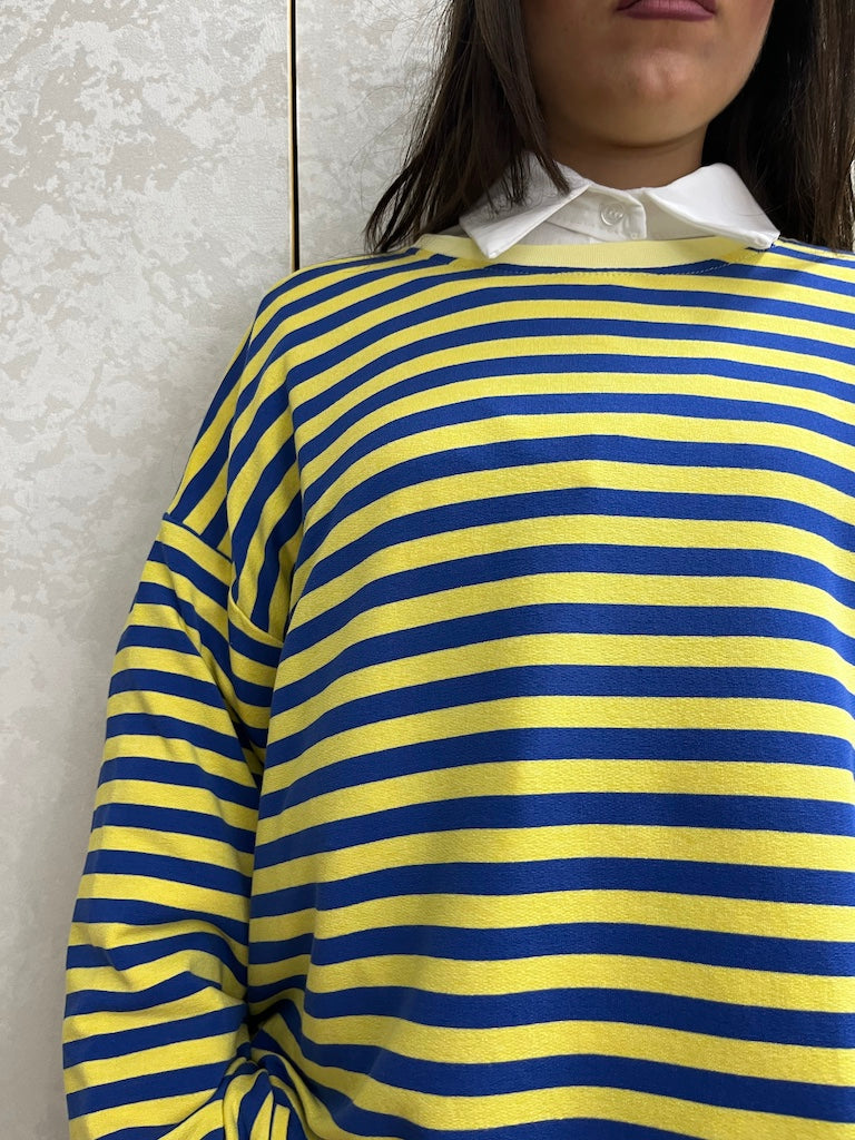 Maglia manica lunga garzata a righe gialle e blu oversize